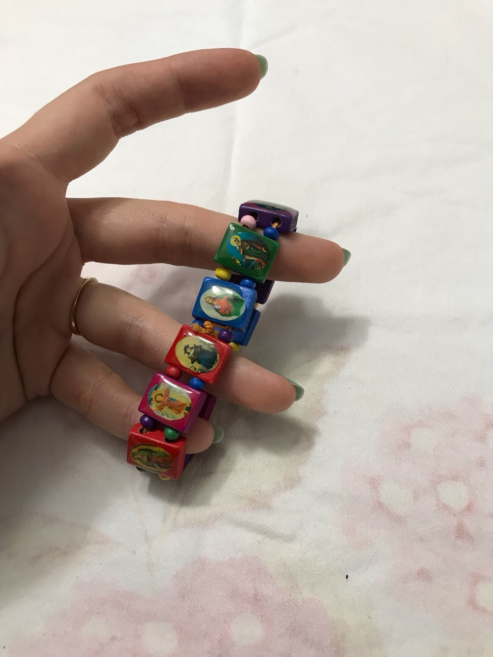 Multi-colored Wooden Religious Saints Stretch Bracelet